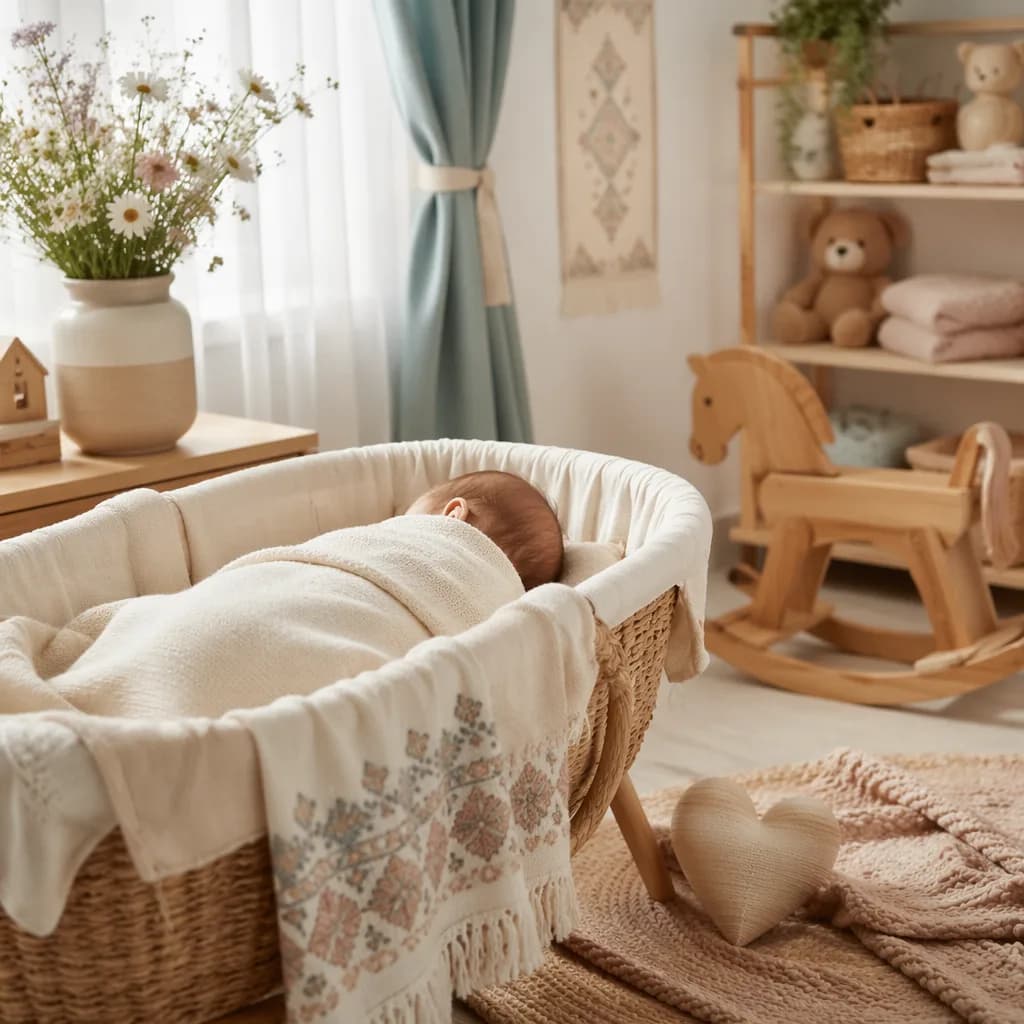 Soft Russian-inspired nursery with a sleeping newborn, pastel textiles, flowers, and wooden toys.