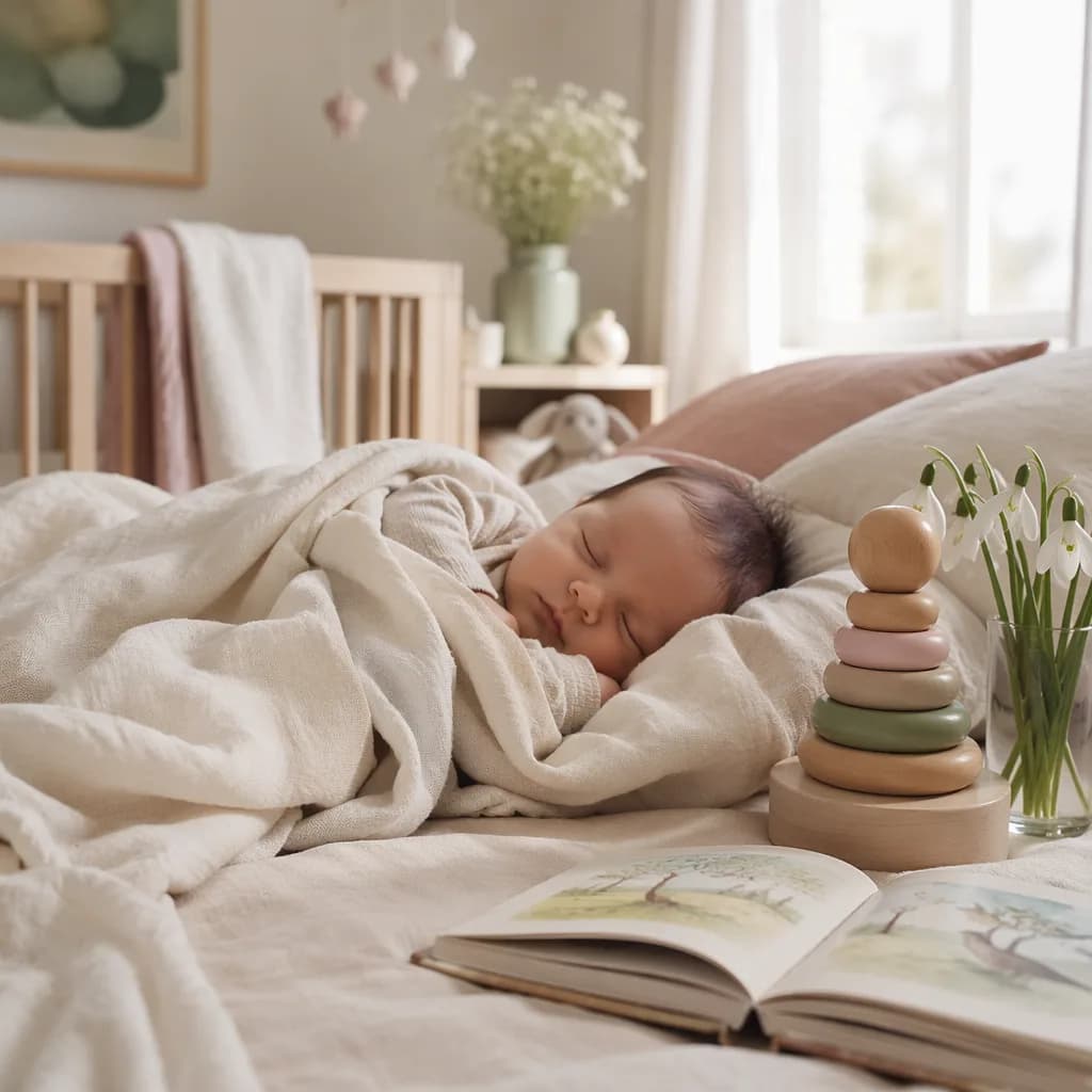 Sleeping newborn in a soft pastel nursery with wooden tower toy, book, and white flowers.