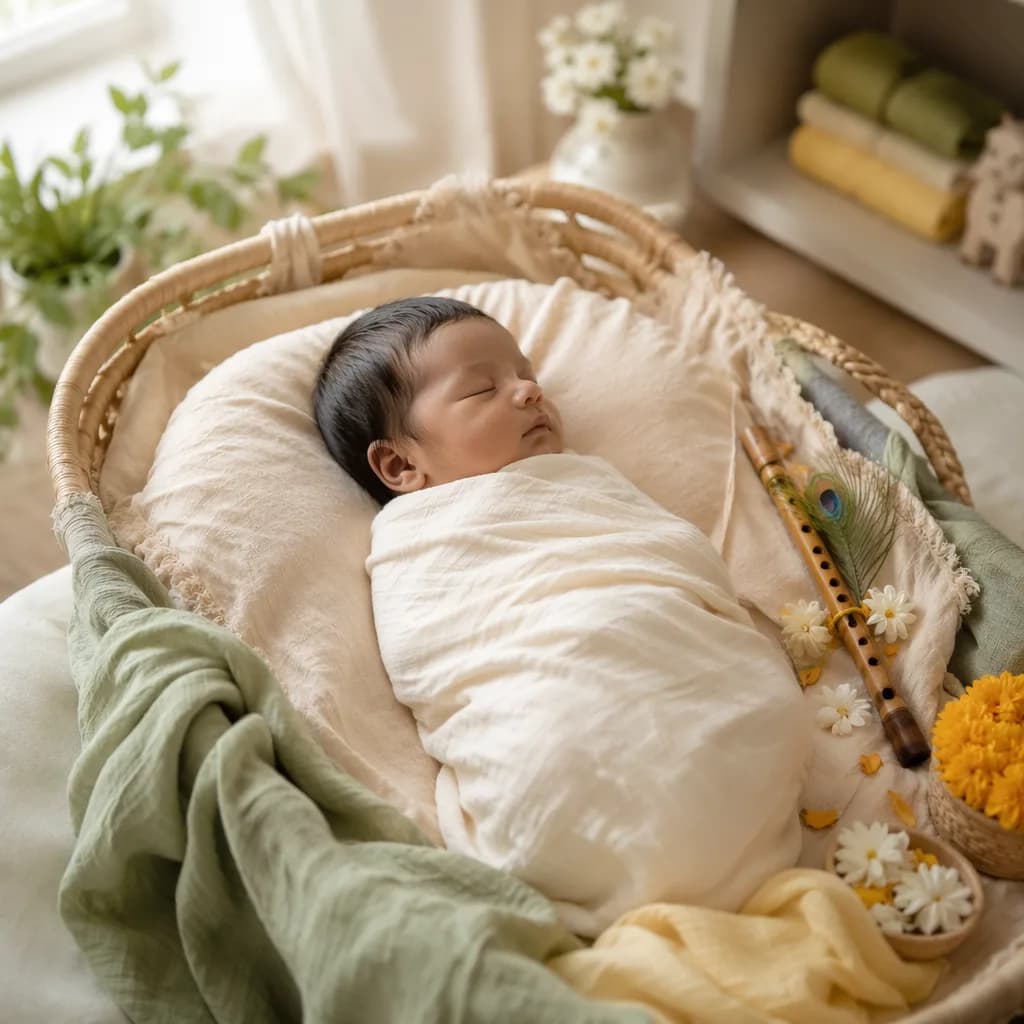 A softly lit nursery scene with a swaddled baby, flowers, and a small wooden flute.