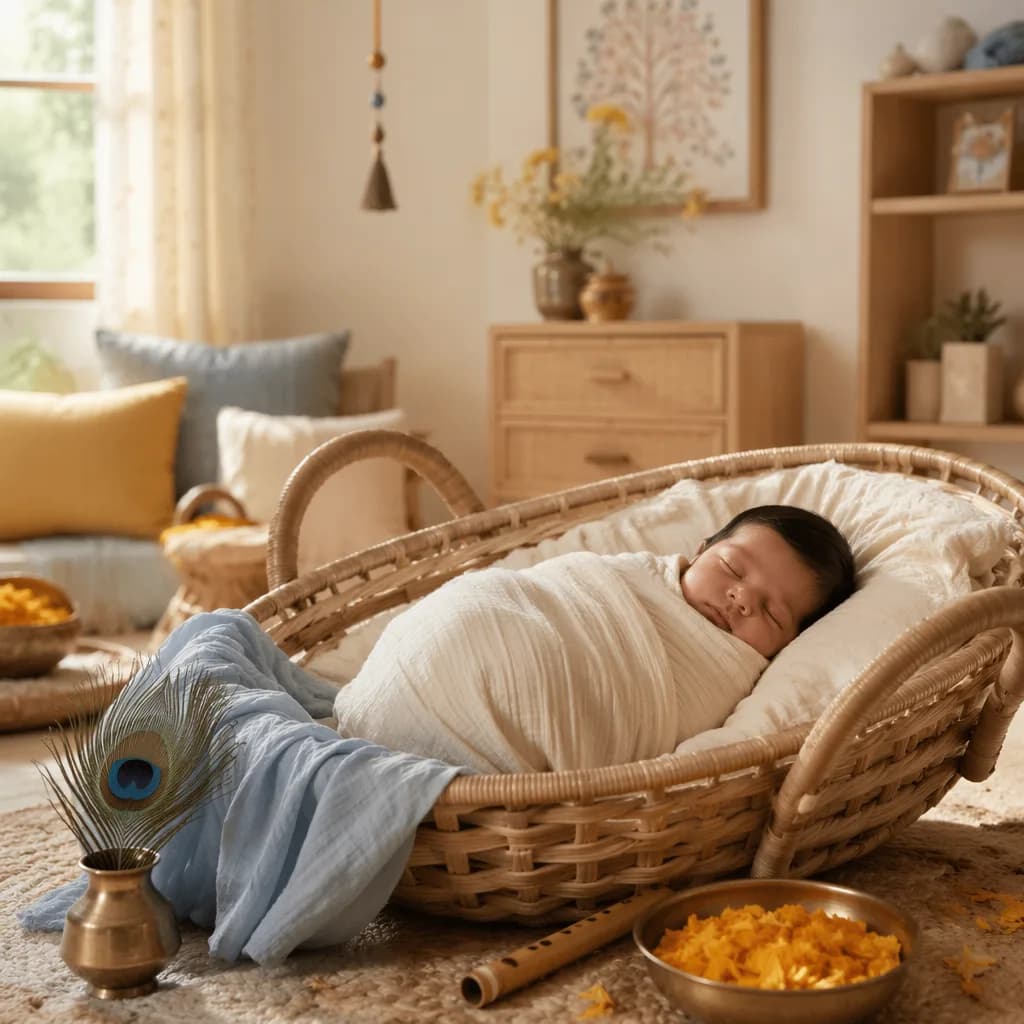 A softly lit nursery with a swaddled newborn, peacock feather, and gentle pastel Indian-inspired accents.