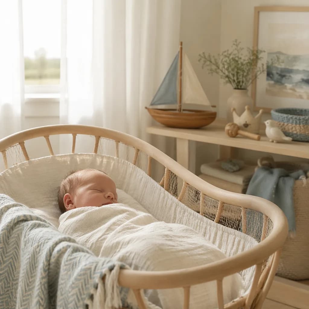 Soft pastel French nursery with a swaddled newborn and subtle Breton coastal details.