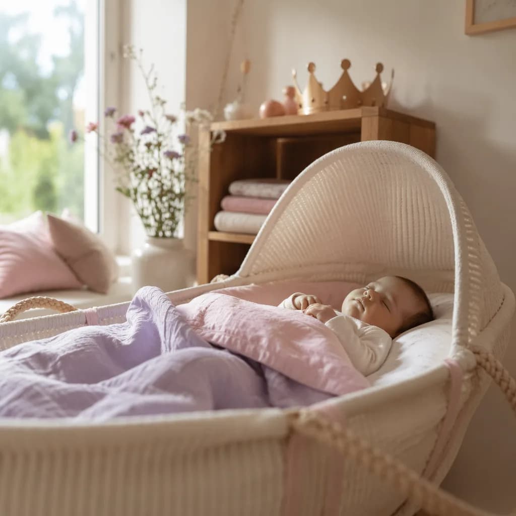 A peaceful French-inspired nursery with a sleeping baby, pastel linens, wildflowers, and a small wooden crown.