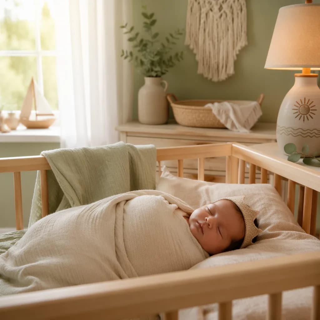 Peaceful baby in a soft pastel nursery with gentle light and Portuguese-inspired details.