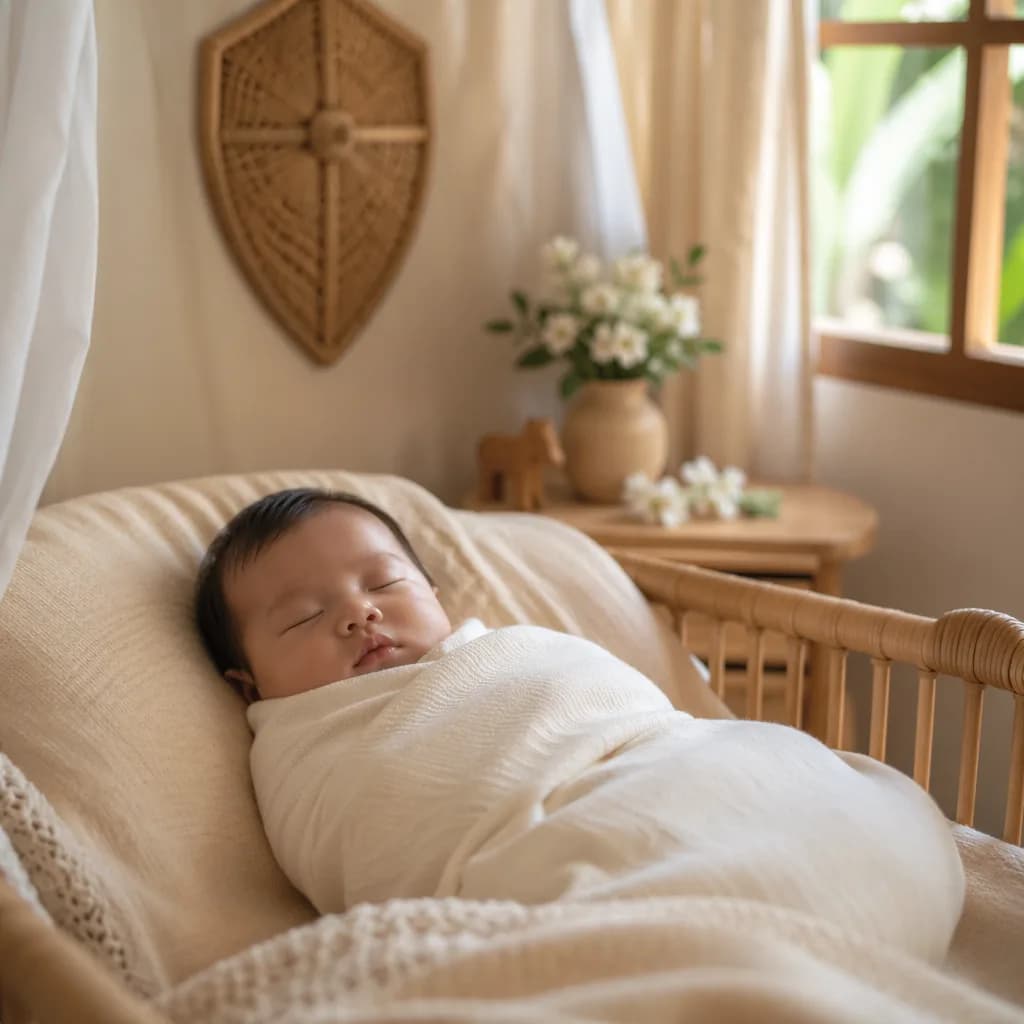 Filipino baby in a warm pastel nursery with gentle symbolic details of courage.