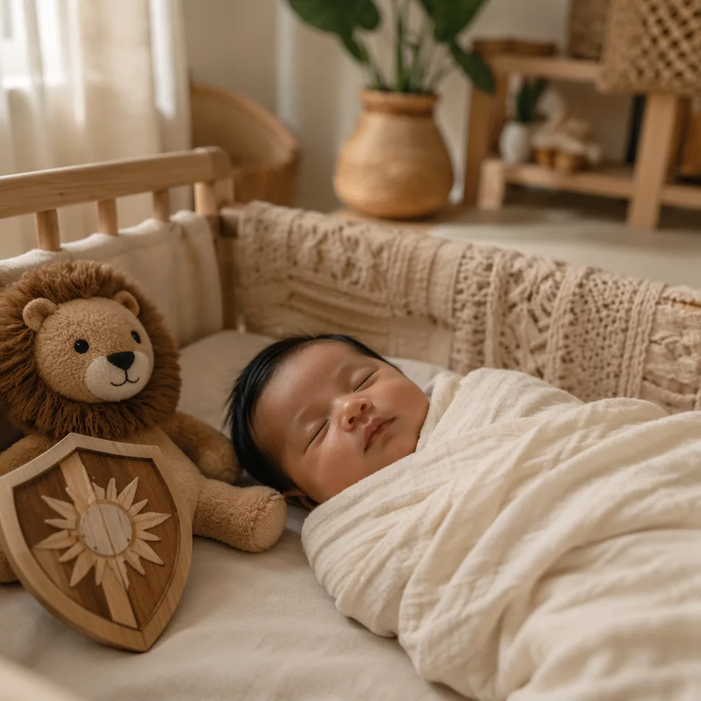 A serene pastel nursery with a sleeping baby and gentle symbols of bravery.