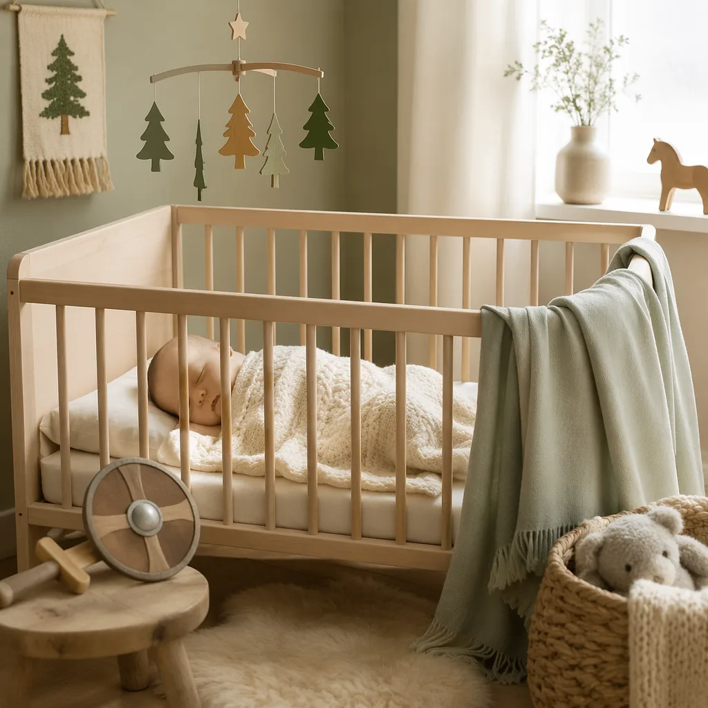 A softly lit Scandinavian nursery with a sleeping baby, birch wood crib, and gentle Nordic-inspired details.