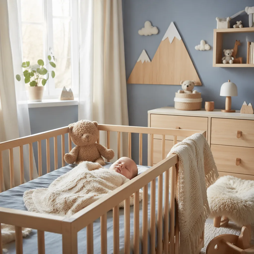 Soft Scandinavian nursery with a swaddled baby, pale wood decor, and gentle mountain accents.