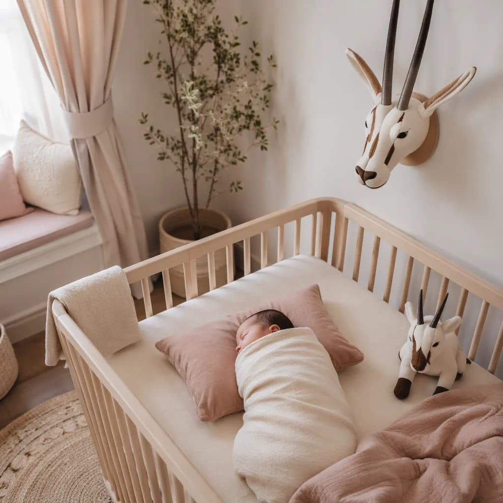 Sleeping baby in a soft pastel nursery with a subtle Arabian oryx motif.