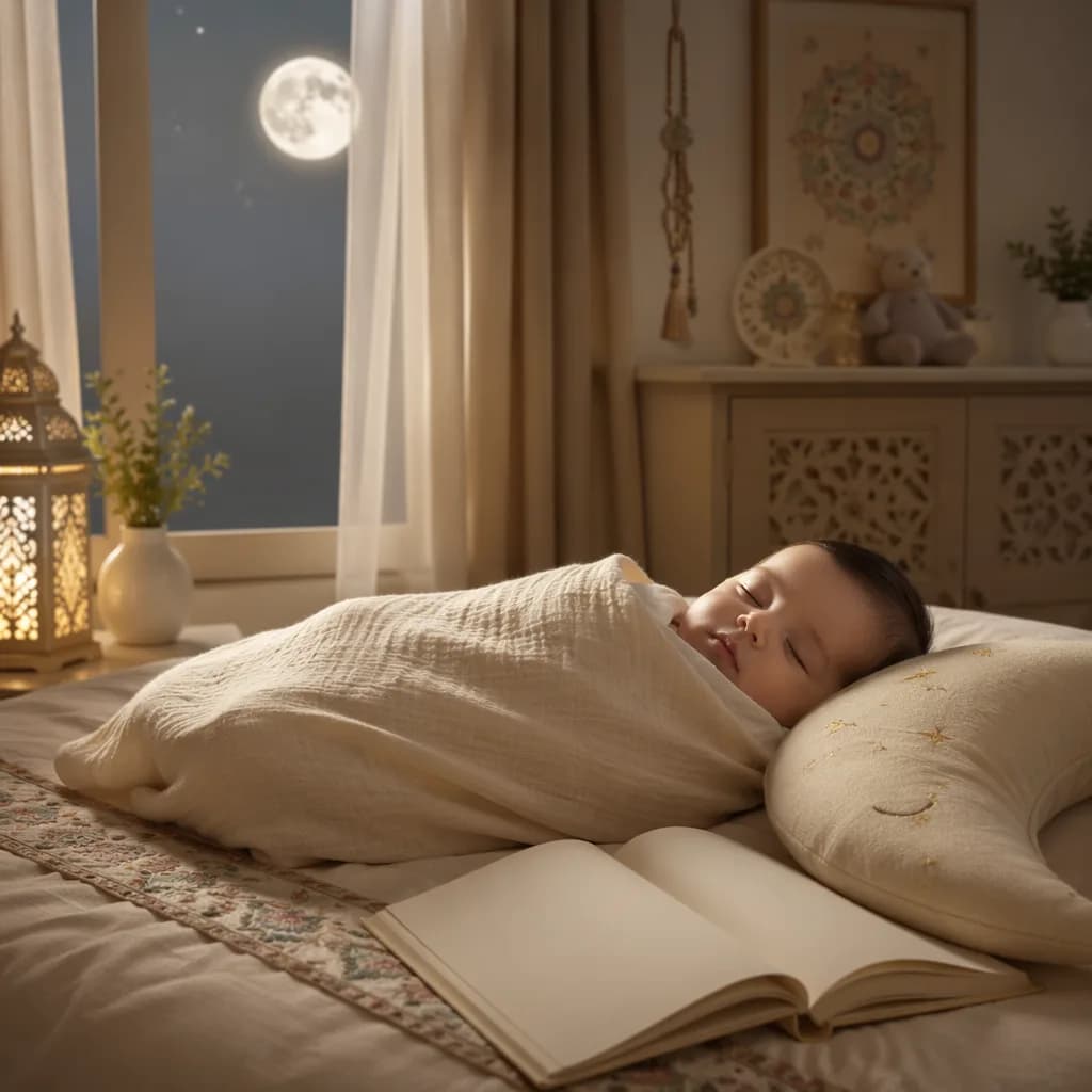 Sleeping baby in a soft pastel nursery with moon and book details
