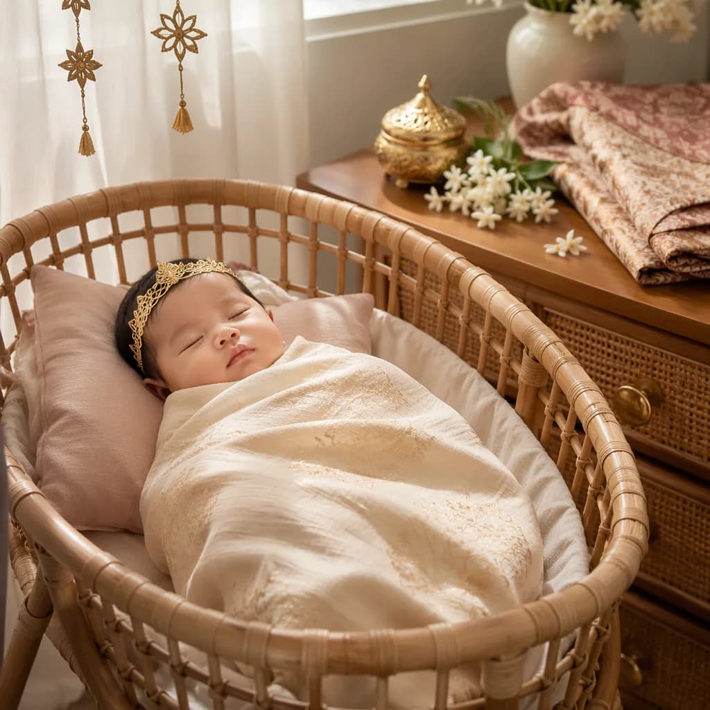 Soft Indonesian nursery scene with a swaddled baby, jasmine flowers, rattan bassinet, and gentle gold accents.