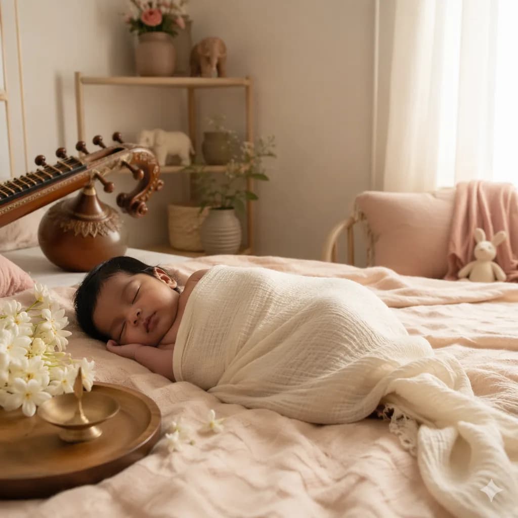Soft pastel Tamil nursery with a swaddled sleeping baby, jasmine flowers, and gentle musical decor.