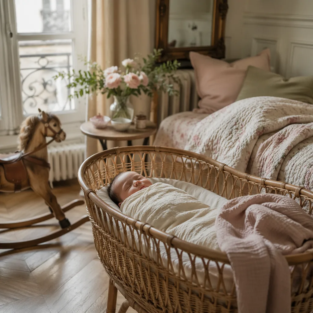 A softly lit French-inspired nursery with a sleeping swaddled baby and a vintage wooden rocking horse.