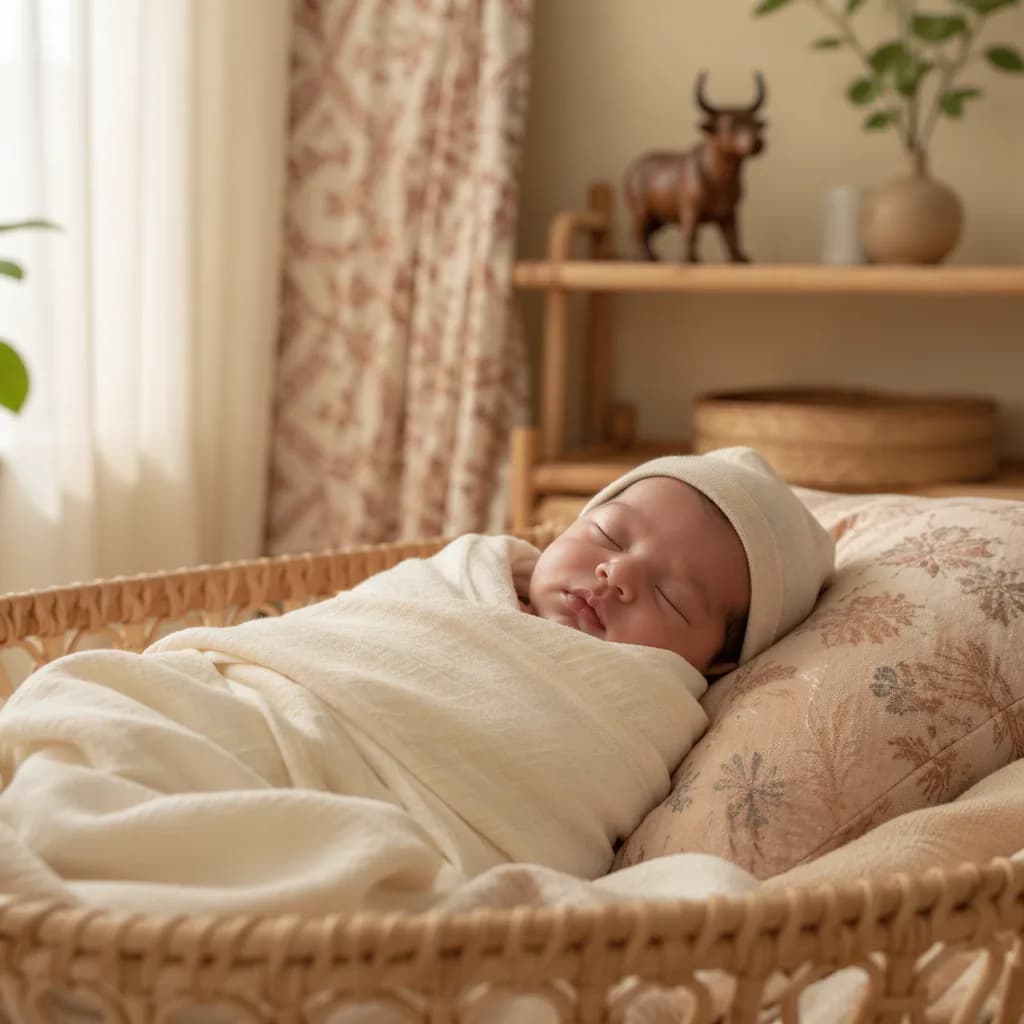 Sleeping Indonesian newborn in a soft pastel nursery with warm natural textures.