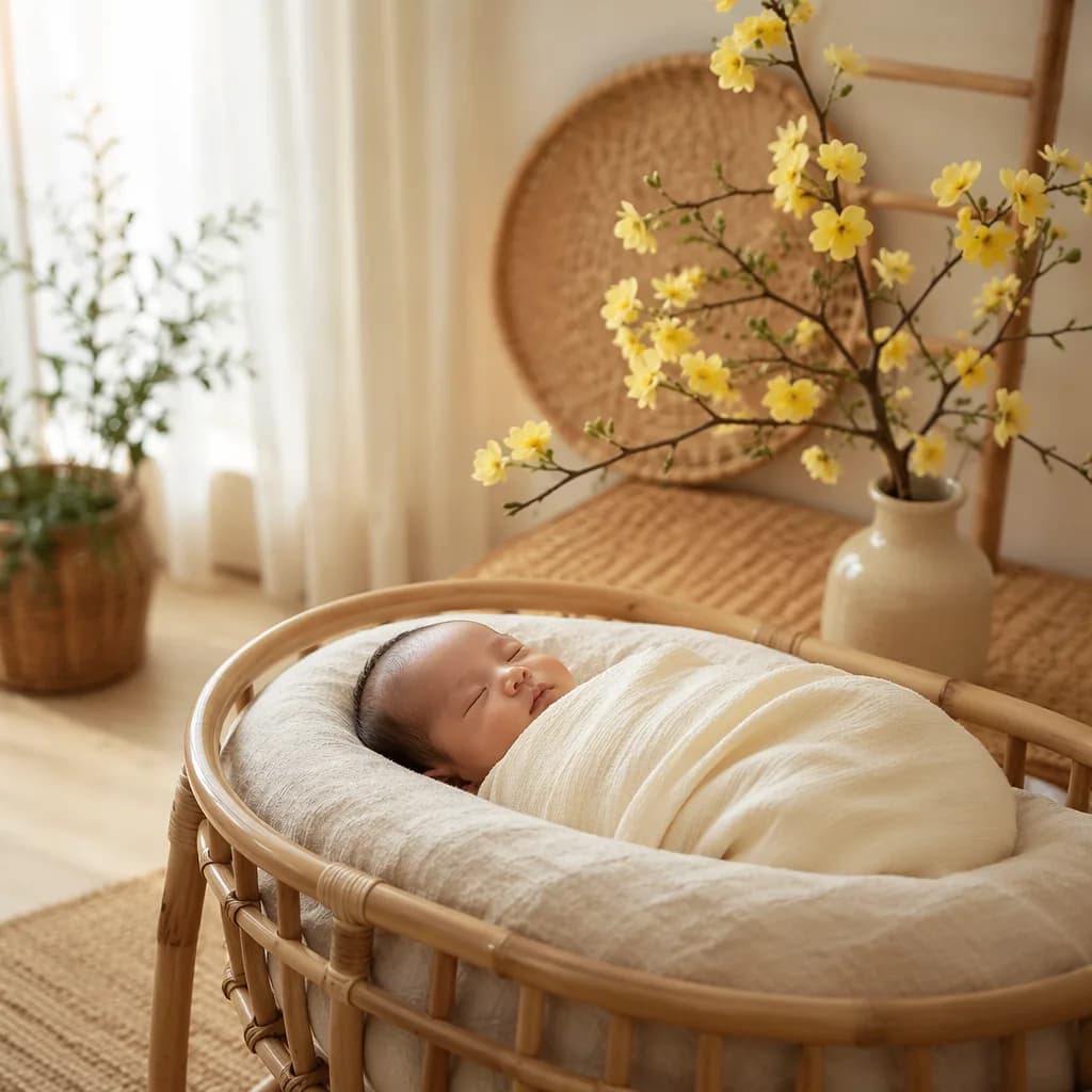 Sleeping newborn in a soft nursery beside yellow mai blossoms.
