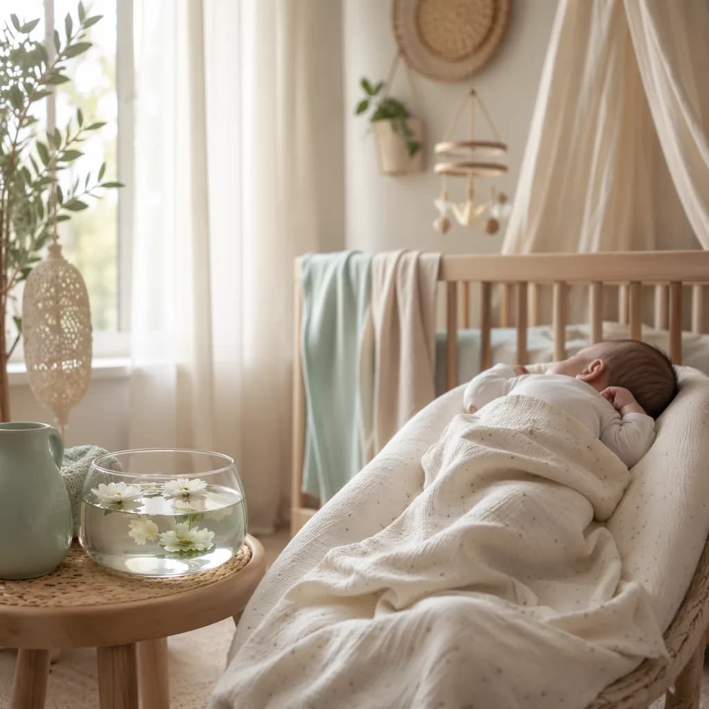 A serene pastel nursery with a swaddled baby and delicate water-inspired details.