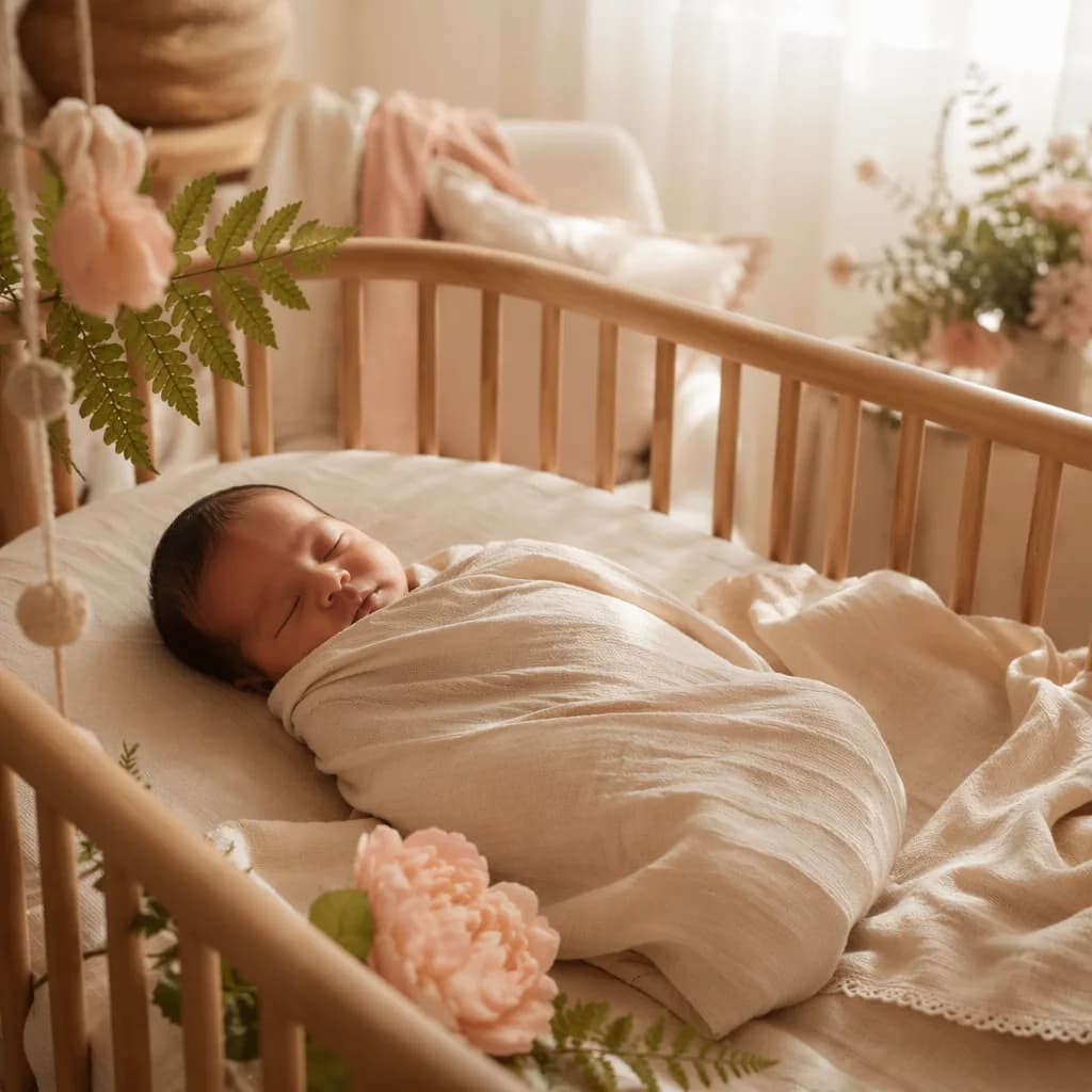 Sleeping newborn in a soft pastel nursery with fern leaves and spring flowers.