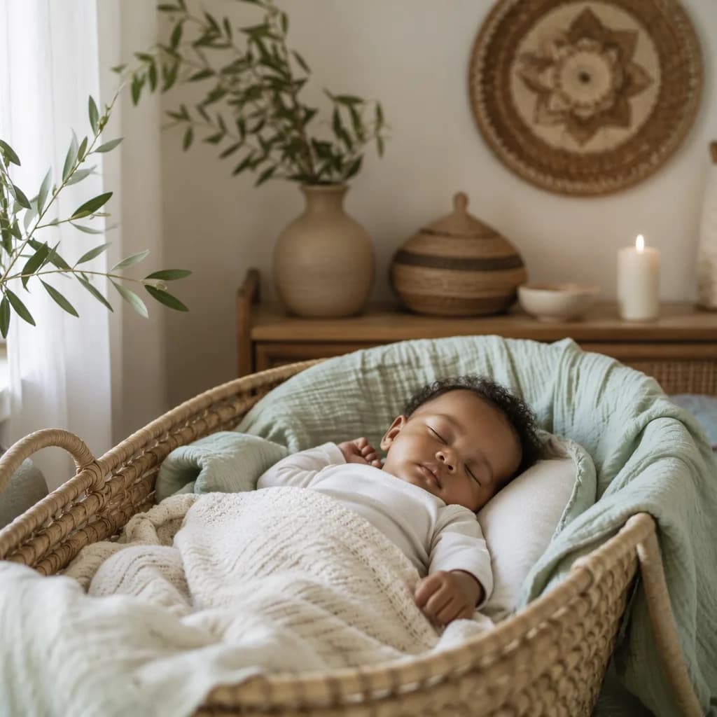 Peaceful sleeping baby in a softly lit cozy nursery with woven Swahili-inspired decor.