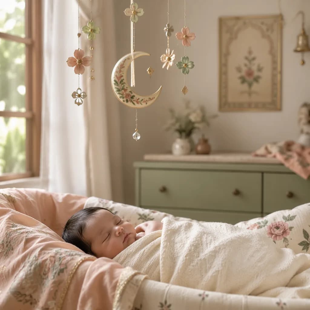 A peaceful newborn in a pastel nursery with gentle Mughal-inspired floral details and a crescent mobile.