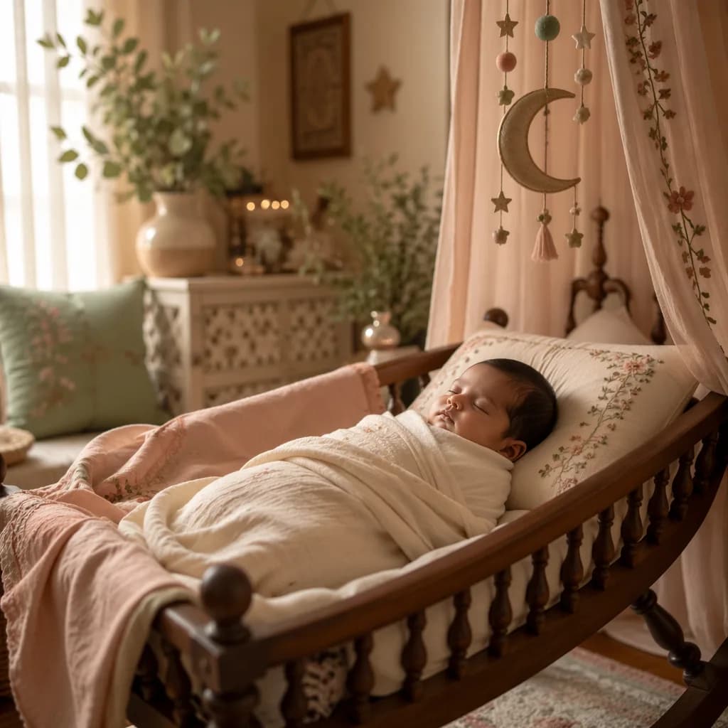 A peacefully sleeping swaddled baby in a warm pastel Urdu-inspired nursery.