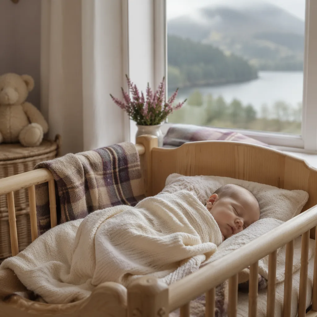 A cozy Scottish-inspired nursery with a sleeping baby, soft tartan accents, and heather flowers.