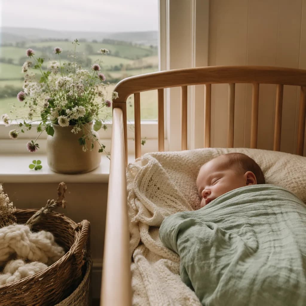 A peaceful Irish-inspired nursery with a sleeping baby, soft knits, clover, and wildflowers.