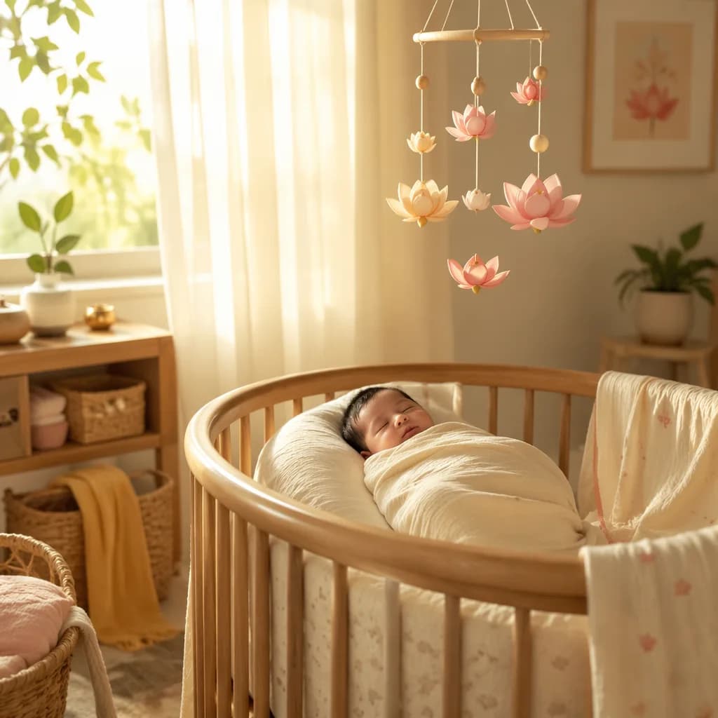 Sleeping newborn in a warm pastel nursery with soft sunlight and lotus accents.
