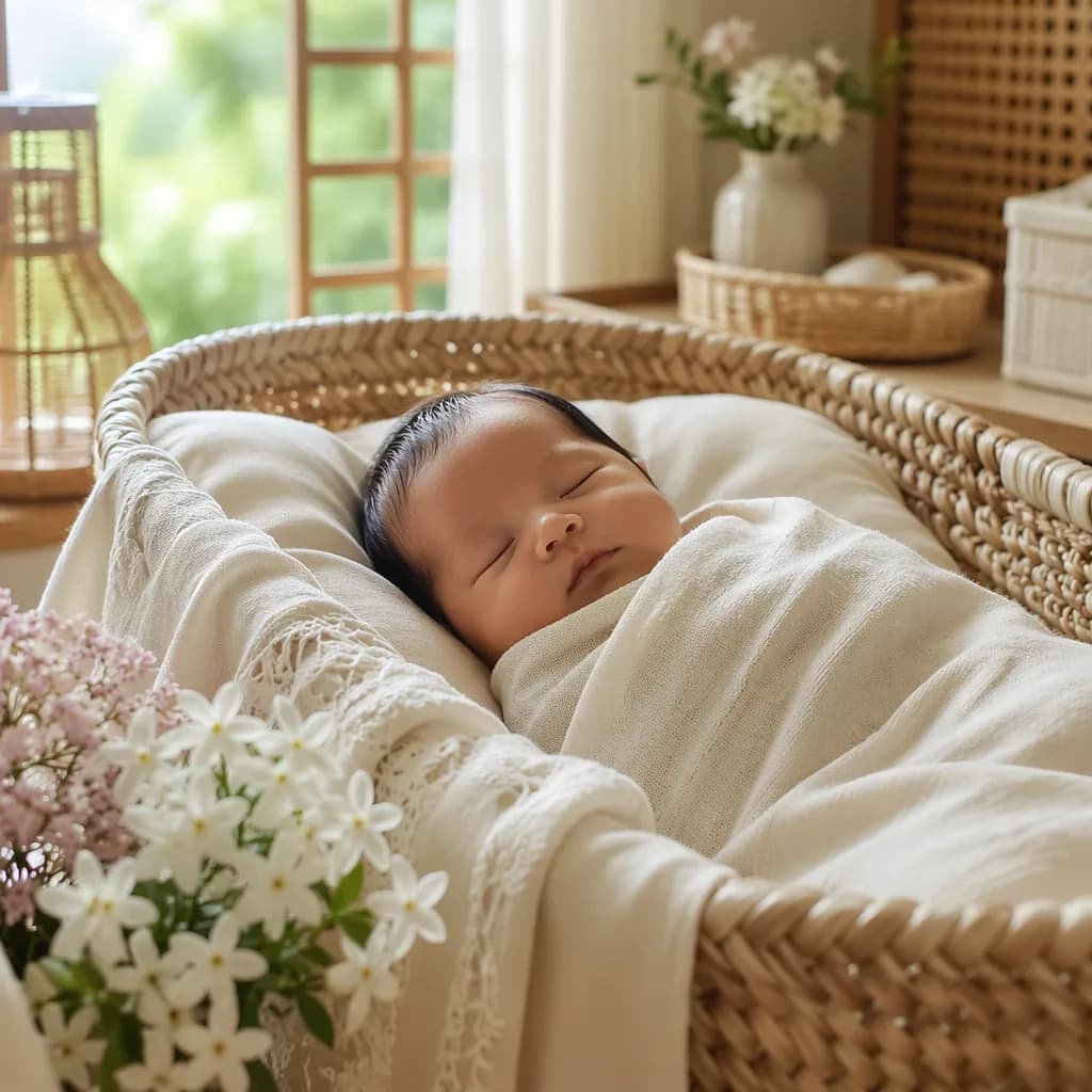 Peaceful Filipino baby in a soft nursery with pastel flowers and warm natural light.