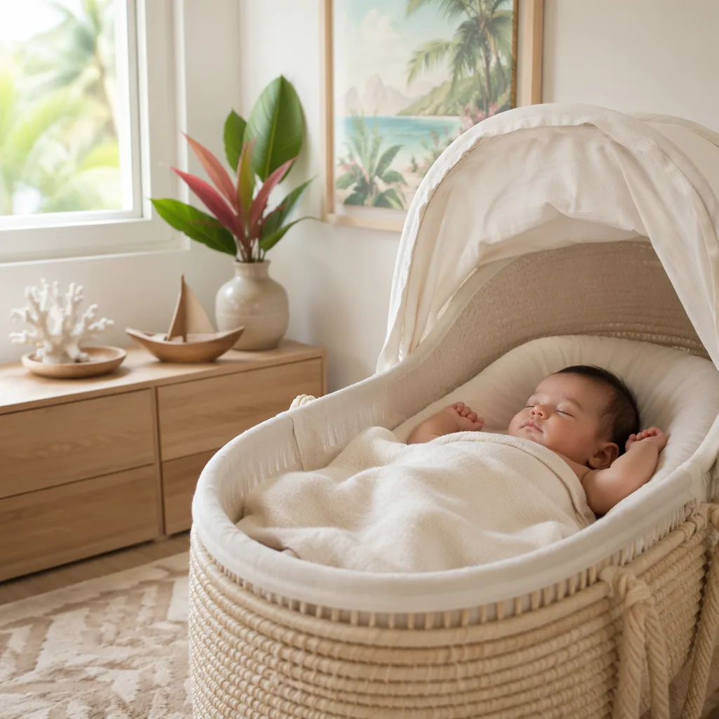 Peaceful Hawaiian-inspired nursery with a baby in soft natural light.