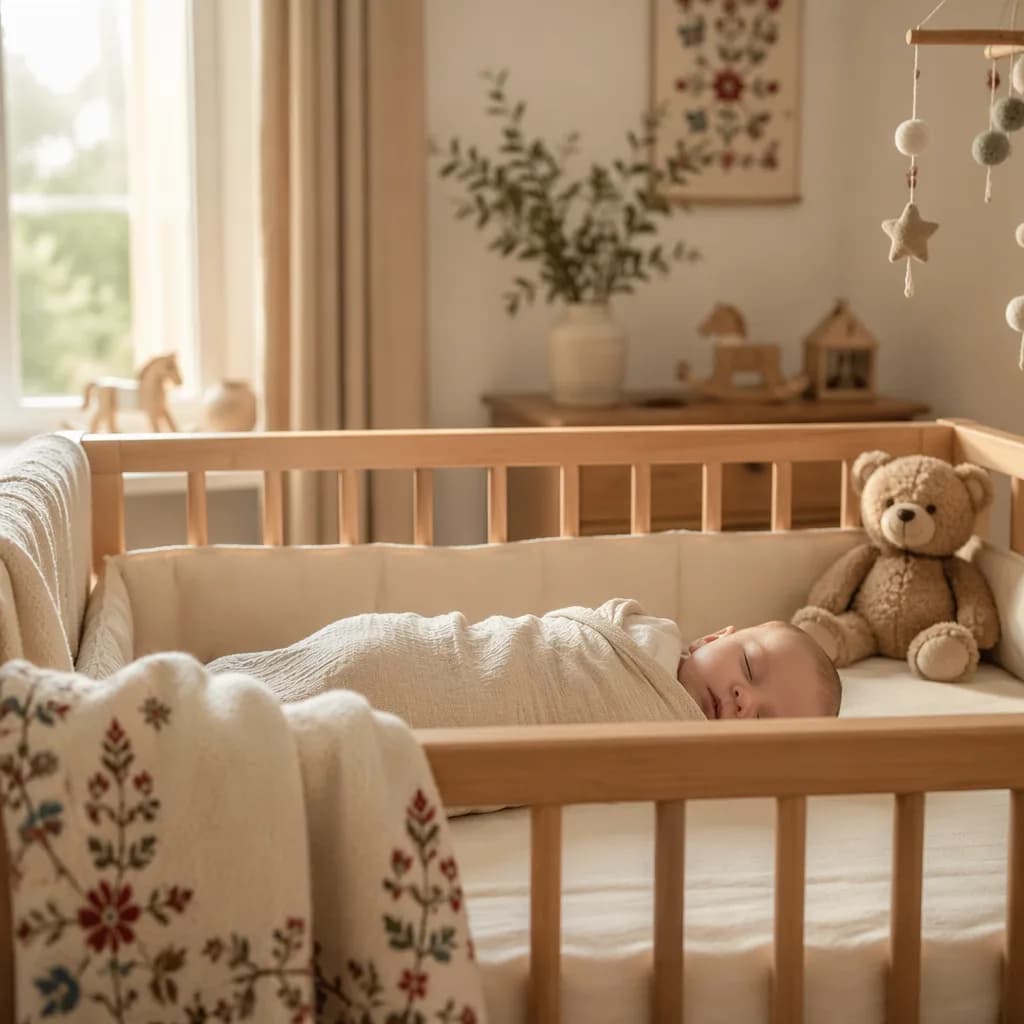 A softly lit nursery with a swaddled baby, plush bear, and pastel Polish-inspired blanket.