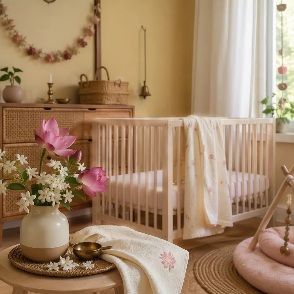 Soft pastel nursery with floral accents for the Tamil baby name Malar.