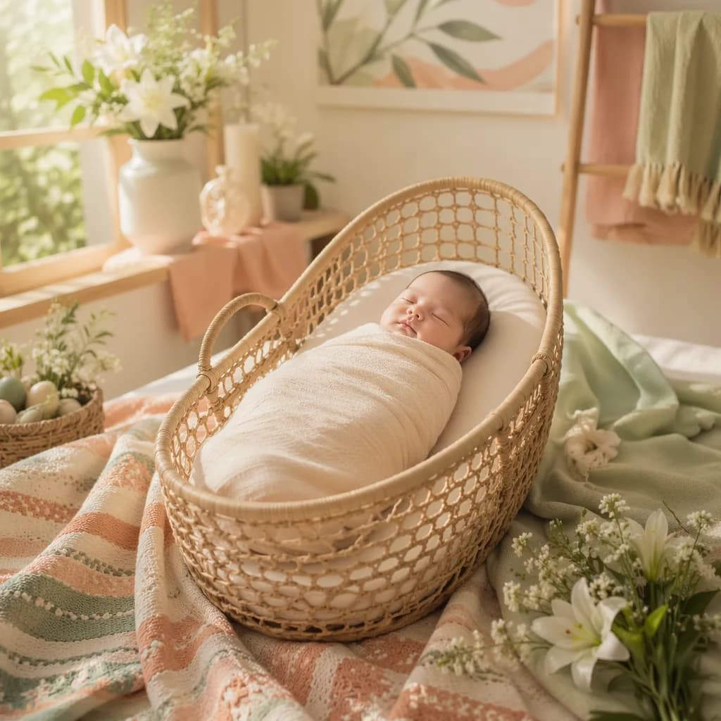 A peacefully sleeping baby in a soft pastel Filipino-inspired nursery with flowers and warm natural light.