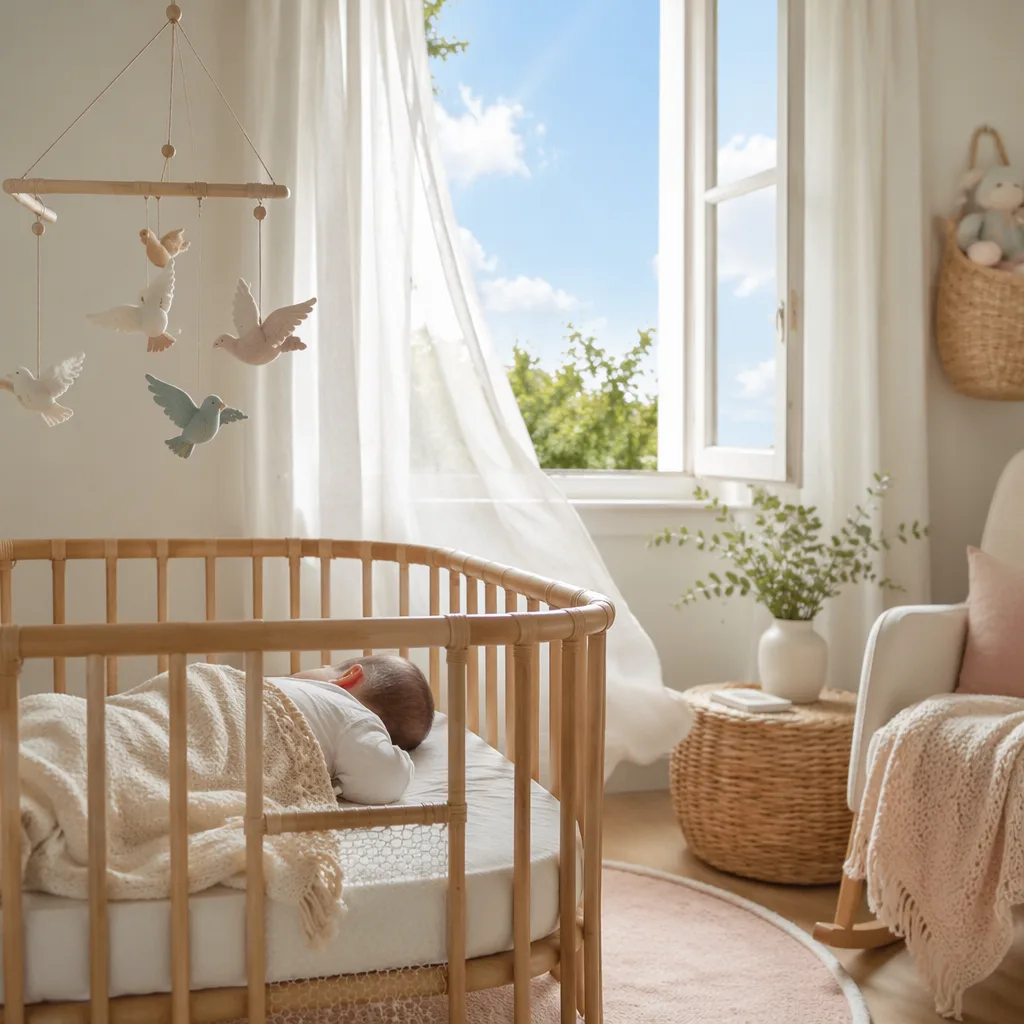 A peaceful pastel nursery with a baby in a crib, open window, and bird mobile symbolizing freedom.