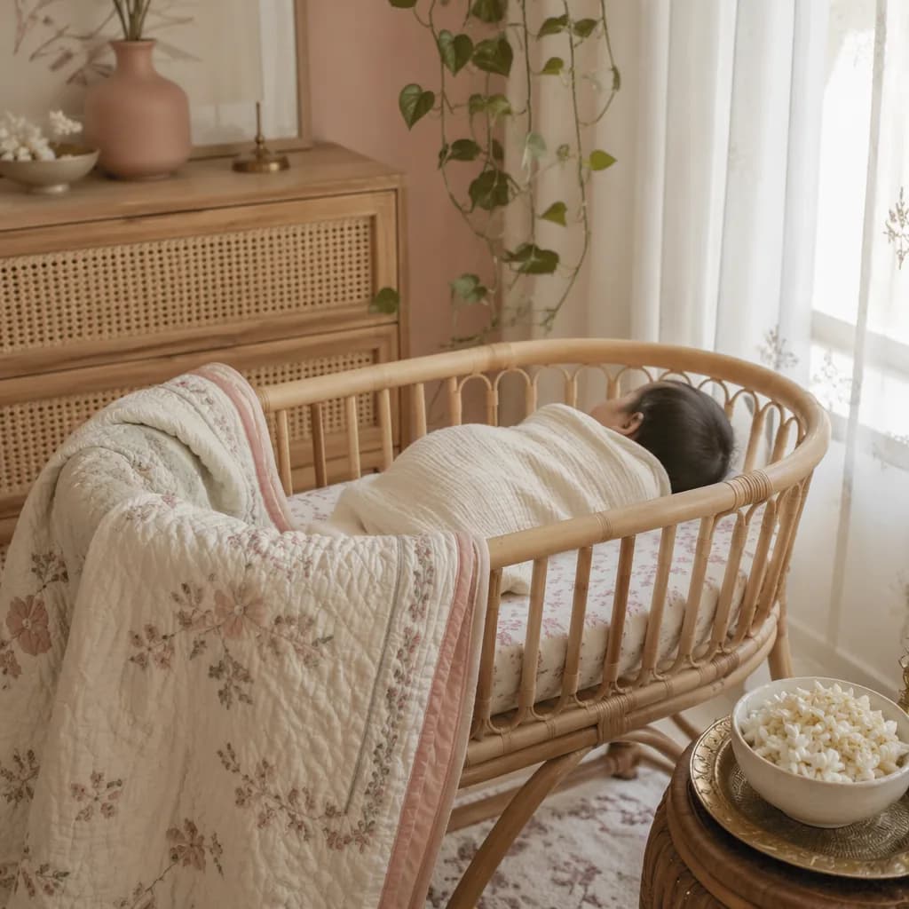 A softly lit nursery with a sleeping Bengali baby in a bassinet, surrounded by pastel fabrics and jasmine flowers.