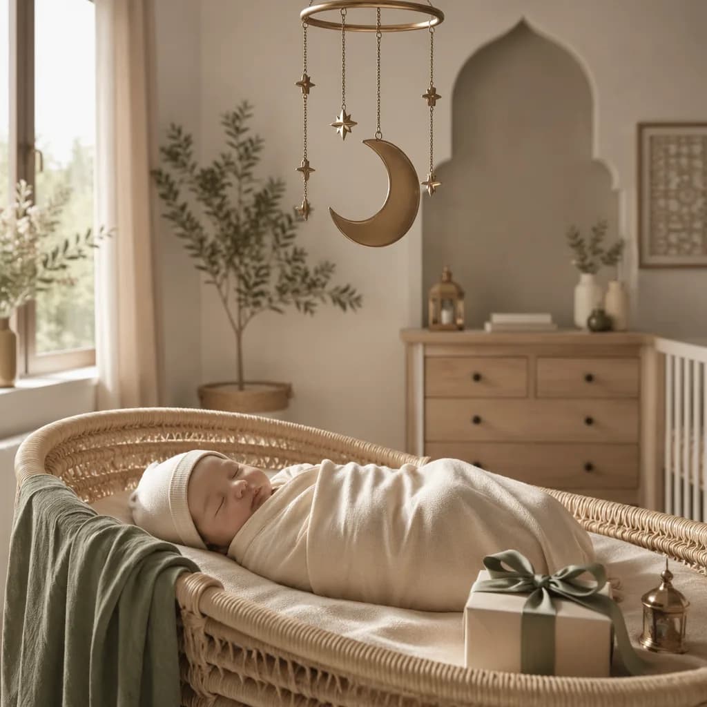 Sleeping baby in a soft Arabic-inspired nursery with warm pastel decor.