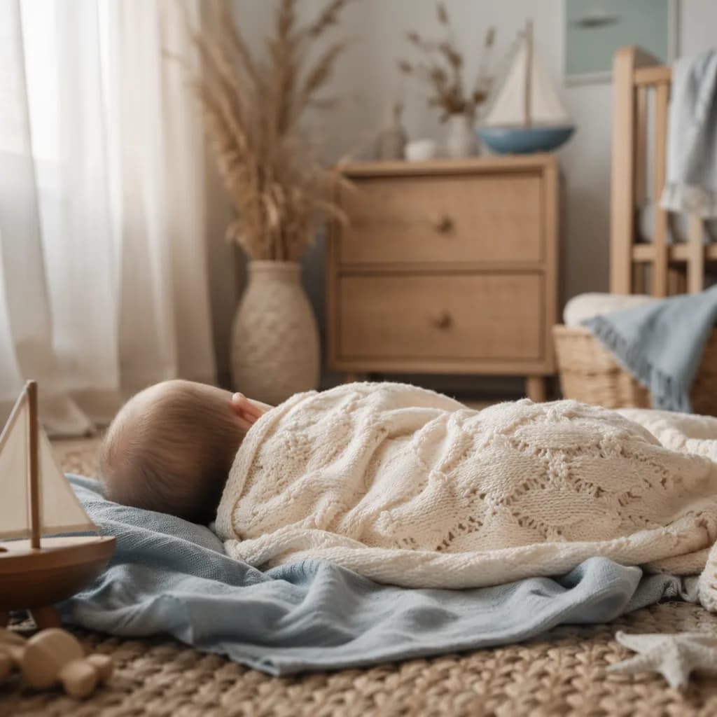 Soft pastel French nursery with a sleeping baby and gentle Breton coastal accents.