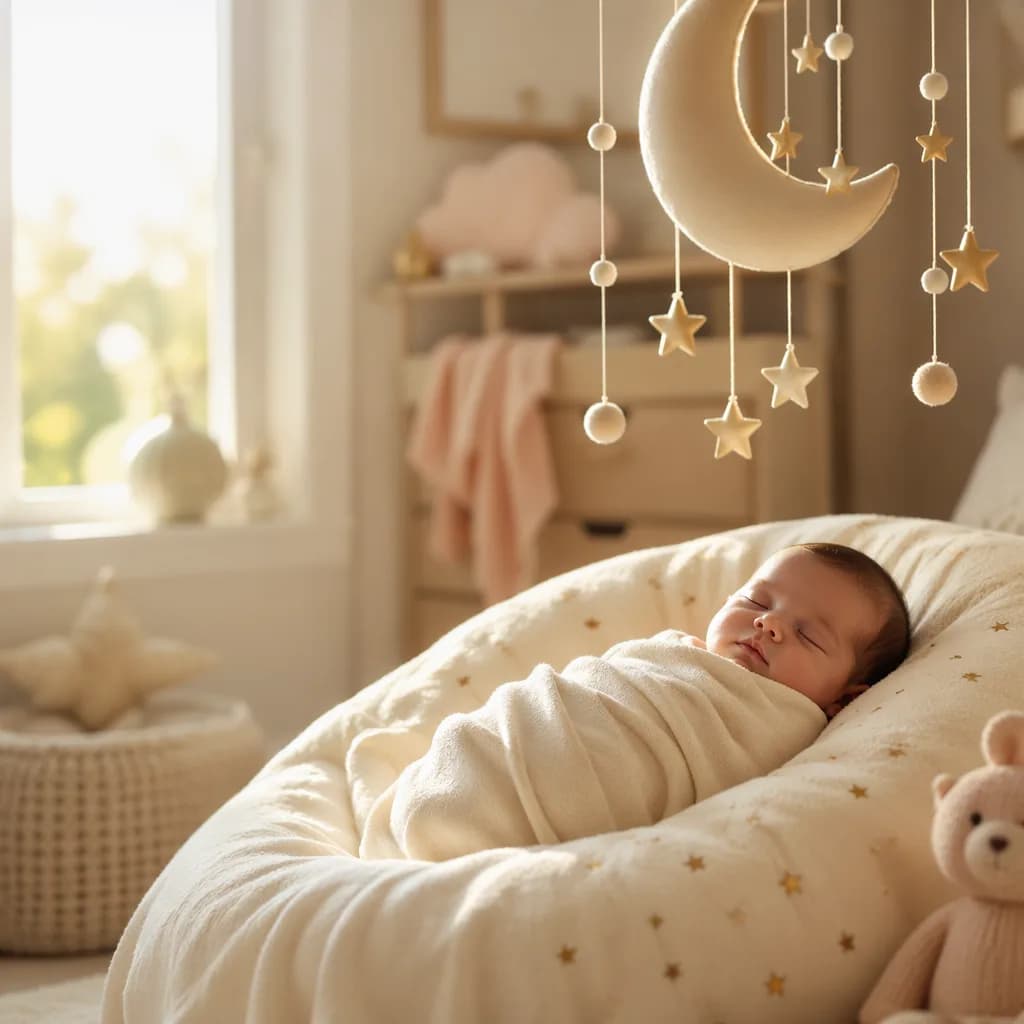 Peaceful newborn in a soft pastel nursery with crescent moon and star accents.