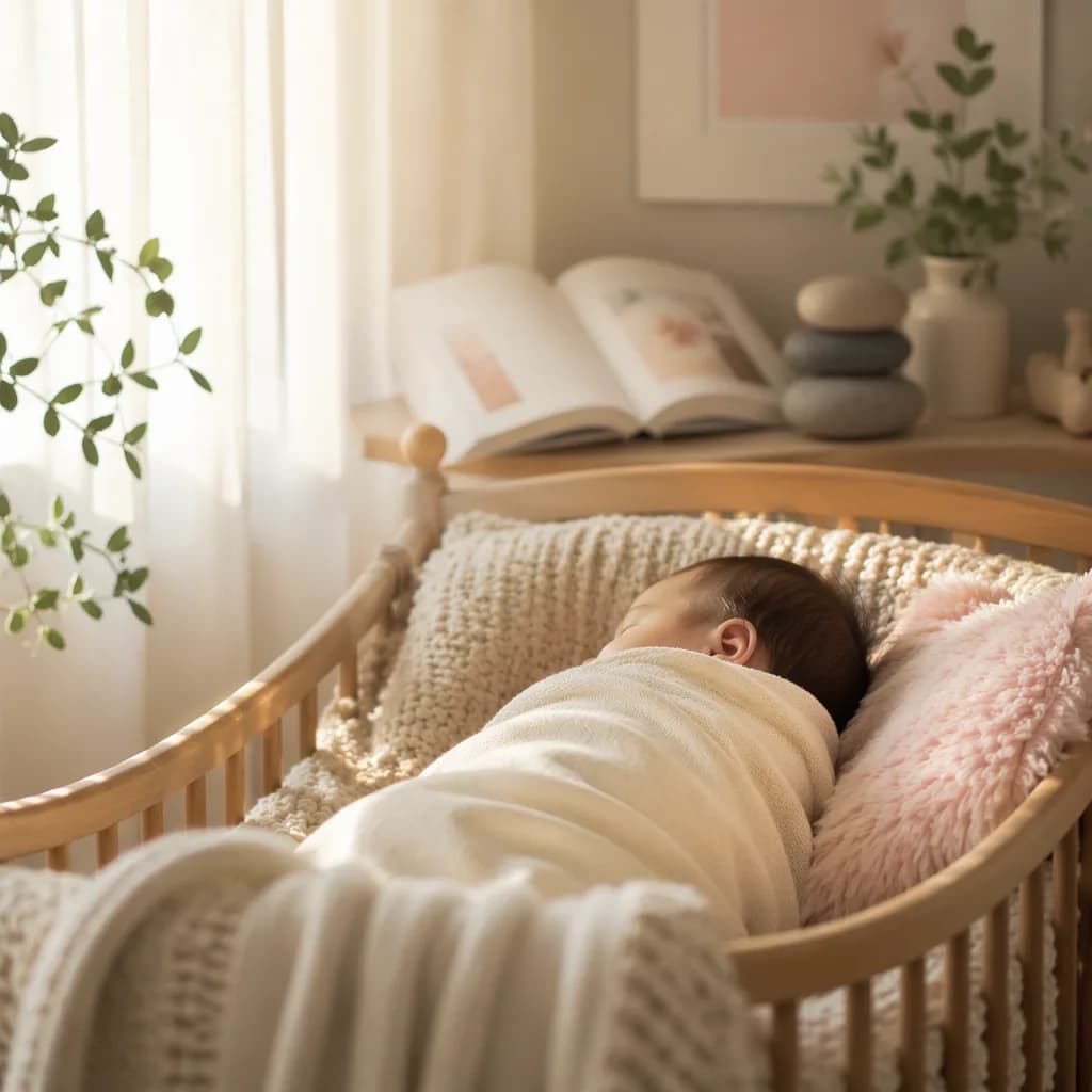 Serene pastel nursery with a sleeping swaddled baby and calming thoughtful details.