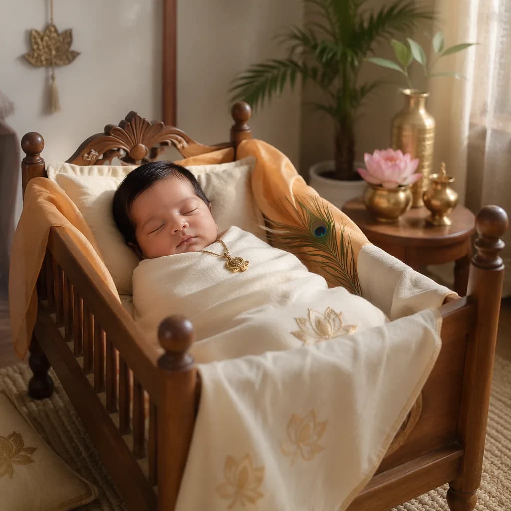 Sleeping baby in a soft pastel nursery with subtle Sanskrit-inspired heirloom details.