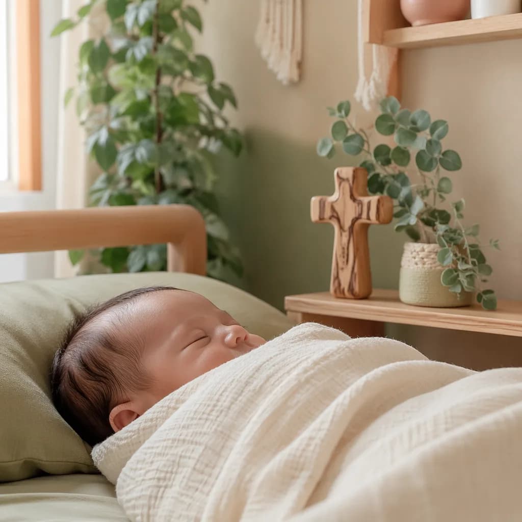 A peaceful sleeping baby in a warm pastel nursery with subtle Latin-inspired decor.