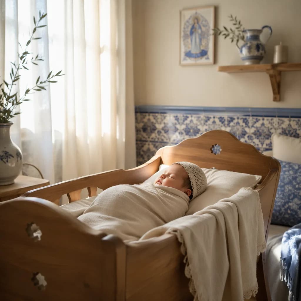 Sleeping baby in a soft Portuguese-inspired nursery with warm natural light.