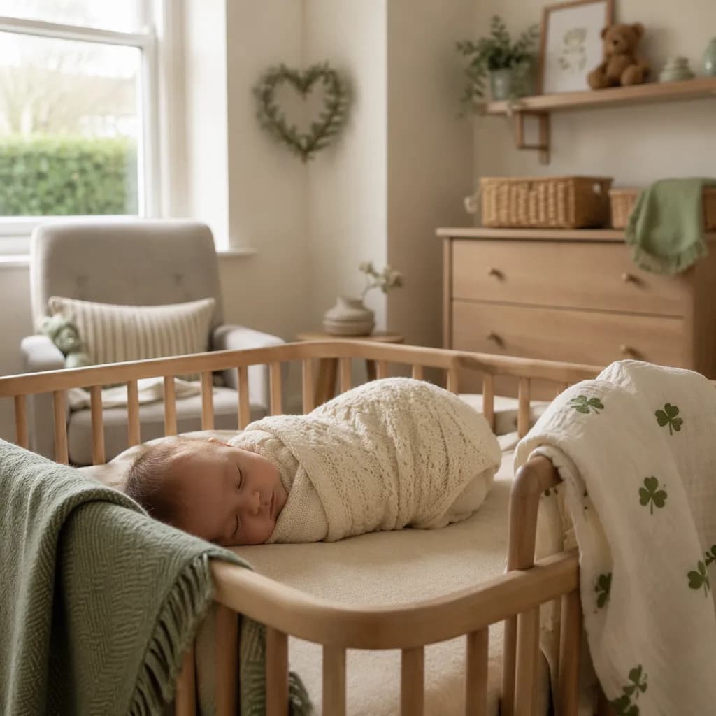 Sleeping baby in a cozy Irish-inspired pastel nursery