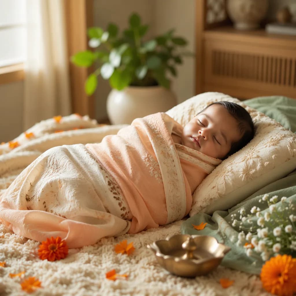 Sleeping baby in a soft pastel nursery with gentle Indian-inspired decor.