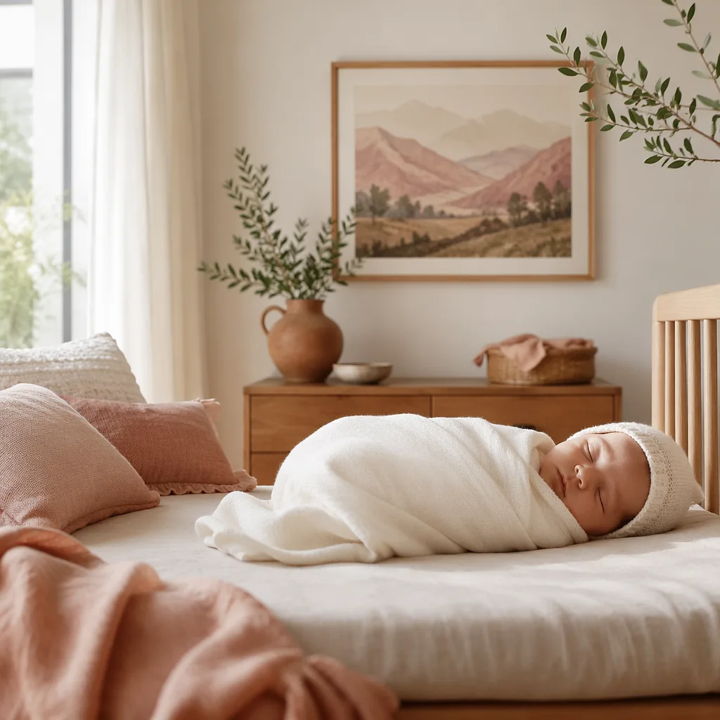 A softly lit Spanish-inspired nursery with a swaddled sleeping baby and warm pastel decor.