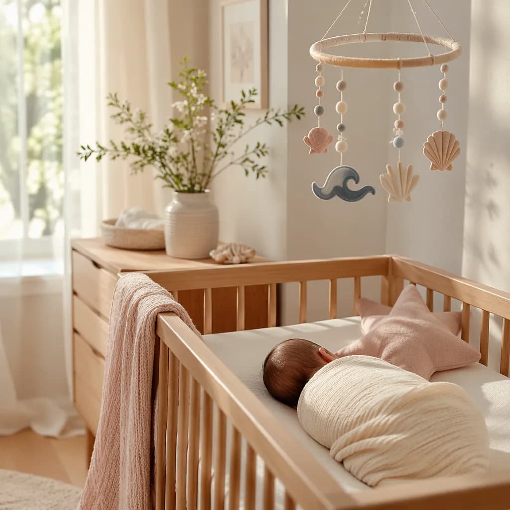 Soft pastel nursery with a sleeping swaddled baby, sea-inspired mobile, and spring greenery.