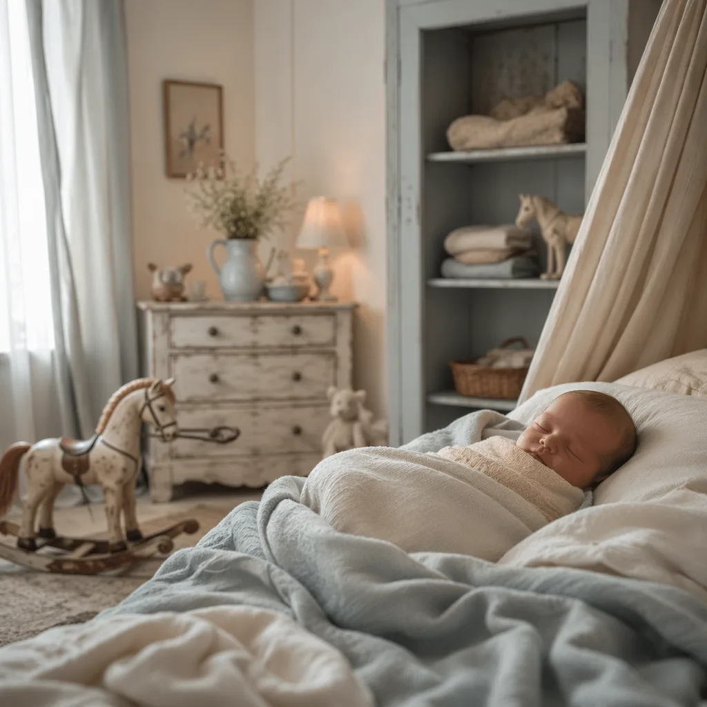 A peaceful newborn sleeping in a soft pastel French-inspired nursery.