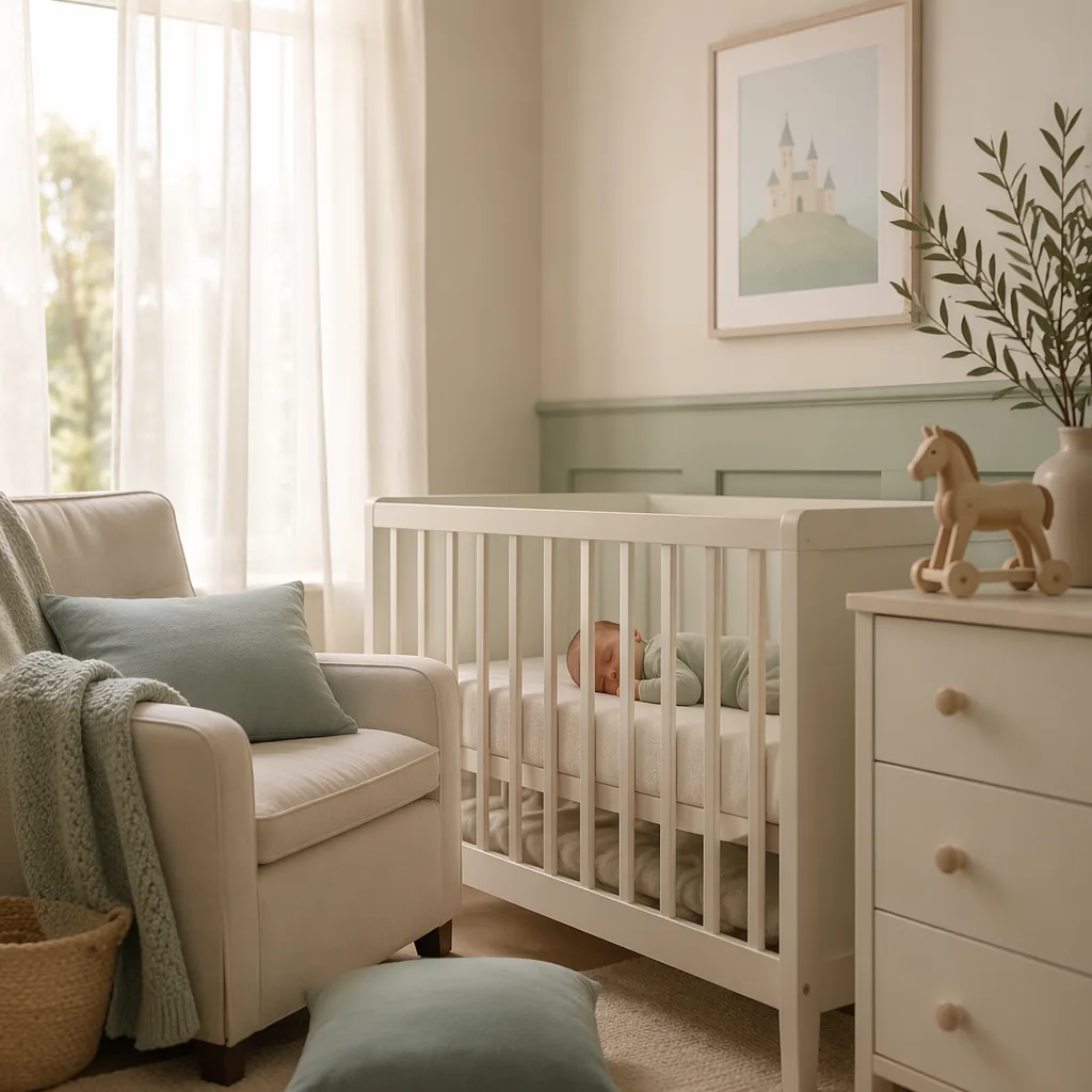 Soft pastel nursery with a sleeping baby, wooden toy horse, and laurel branch.