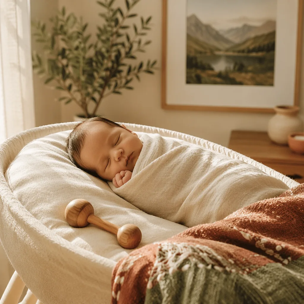 Sleeping newborn in a warm Spanish-inspired nursery with soft mountain and olive accents.