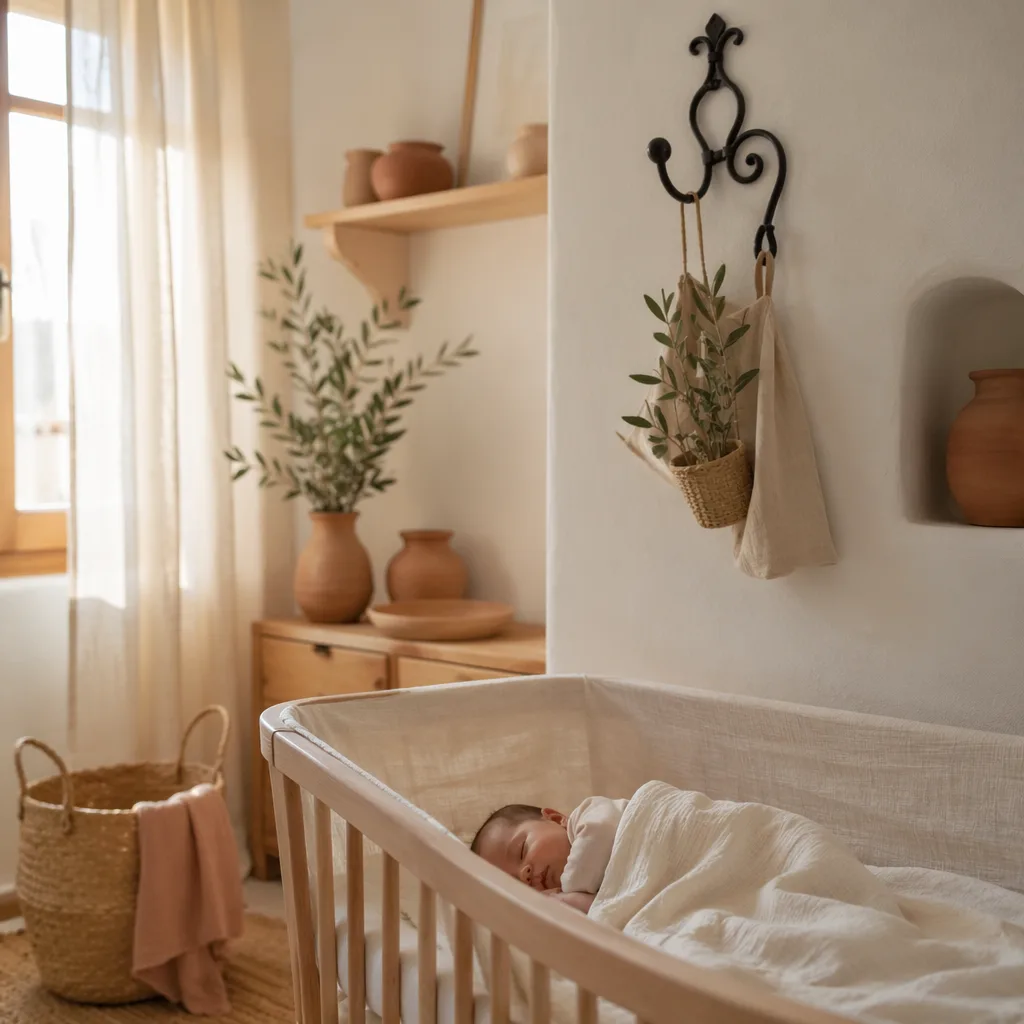 Peaceful Spanish-inspired nursery with a sleeping baby, olive branch, and soft pastel decor.