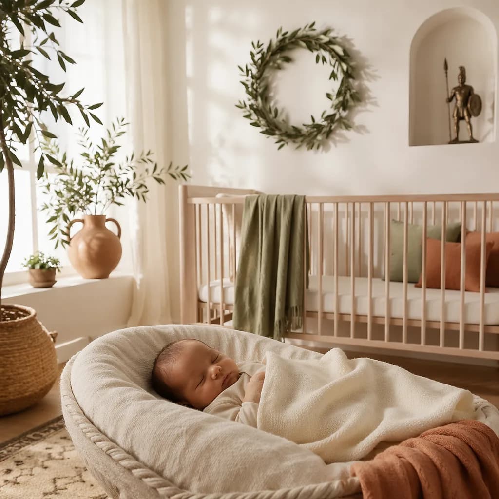 Peaceful newborn in a warm Mediterranean-style nursery with soft pastel accents.