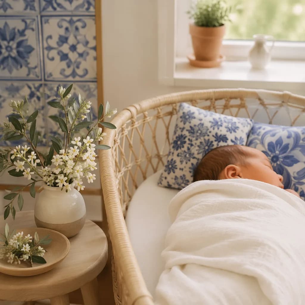 A softly lit Portuguese-inspired nursery with a swaddled newborn in a wicker bassinet.